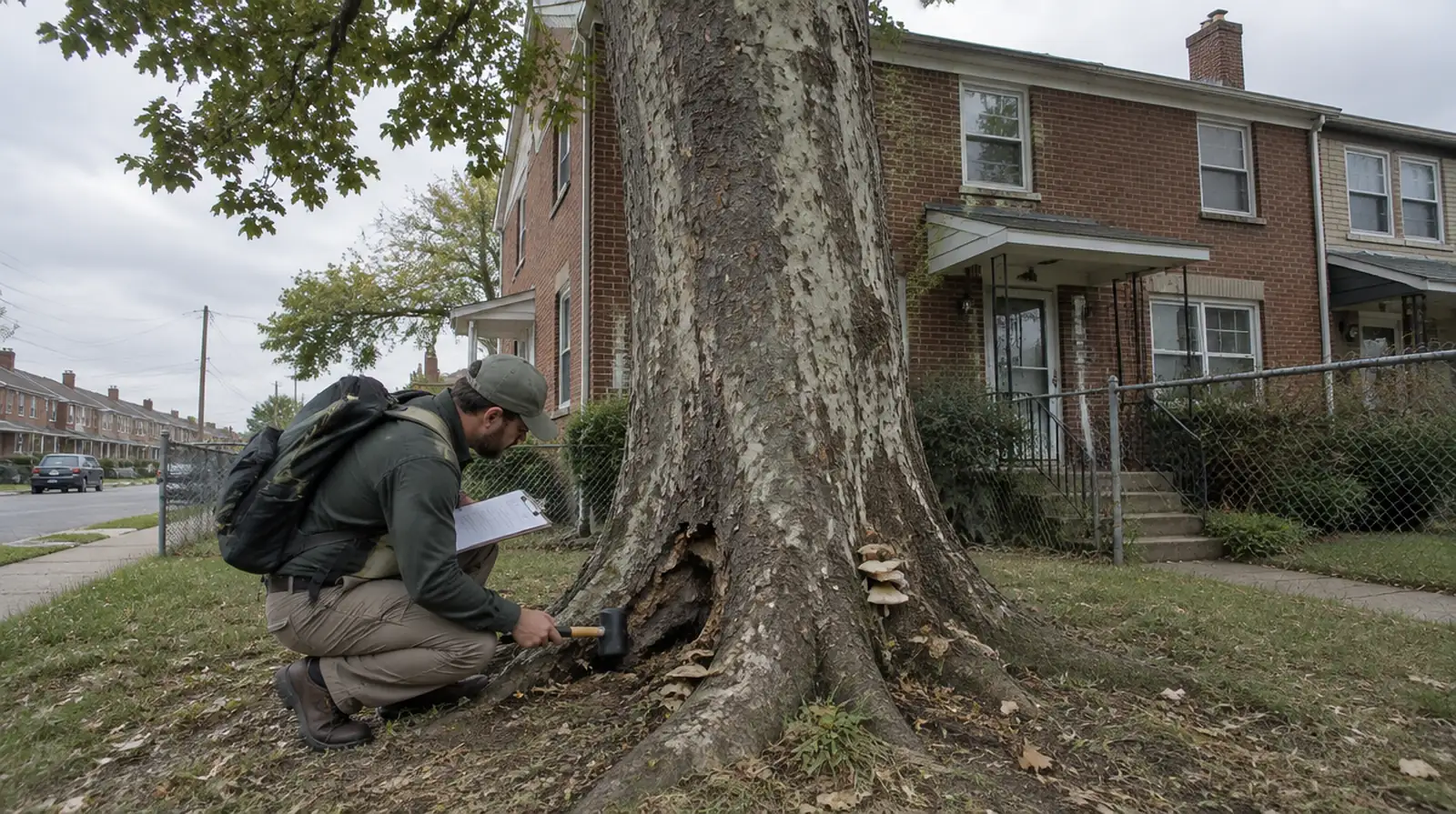 Arborist inspecting the base of a large silver maple in a Dundalk, MD front yard