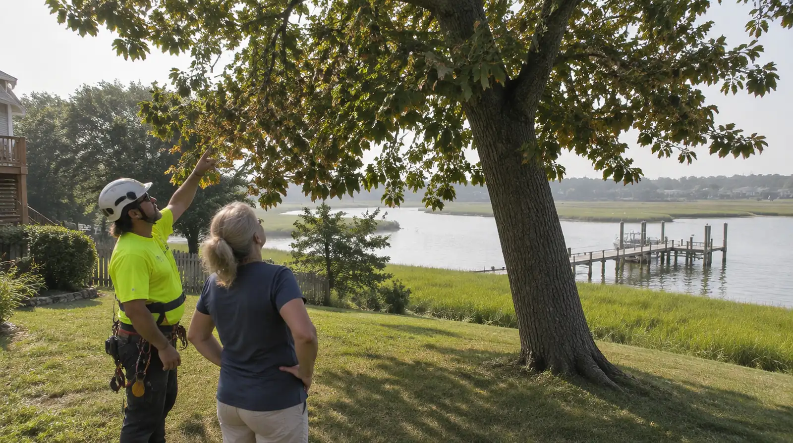 Arborist pointing at a leaning tree near Bear Creek during a consultation in Dundalk, MD