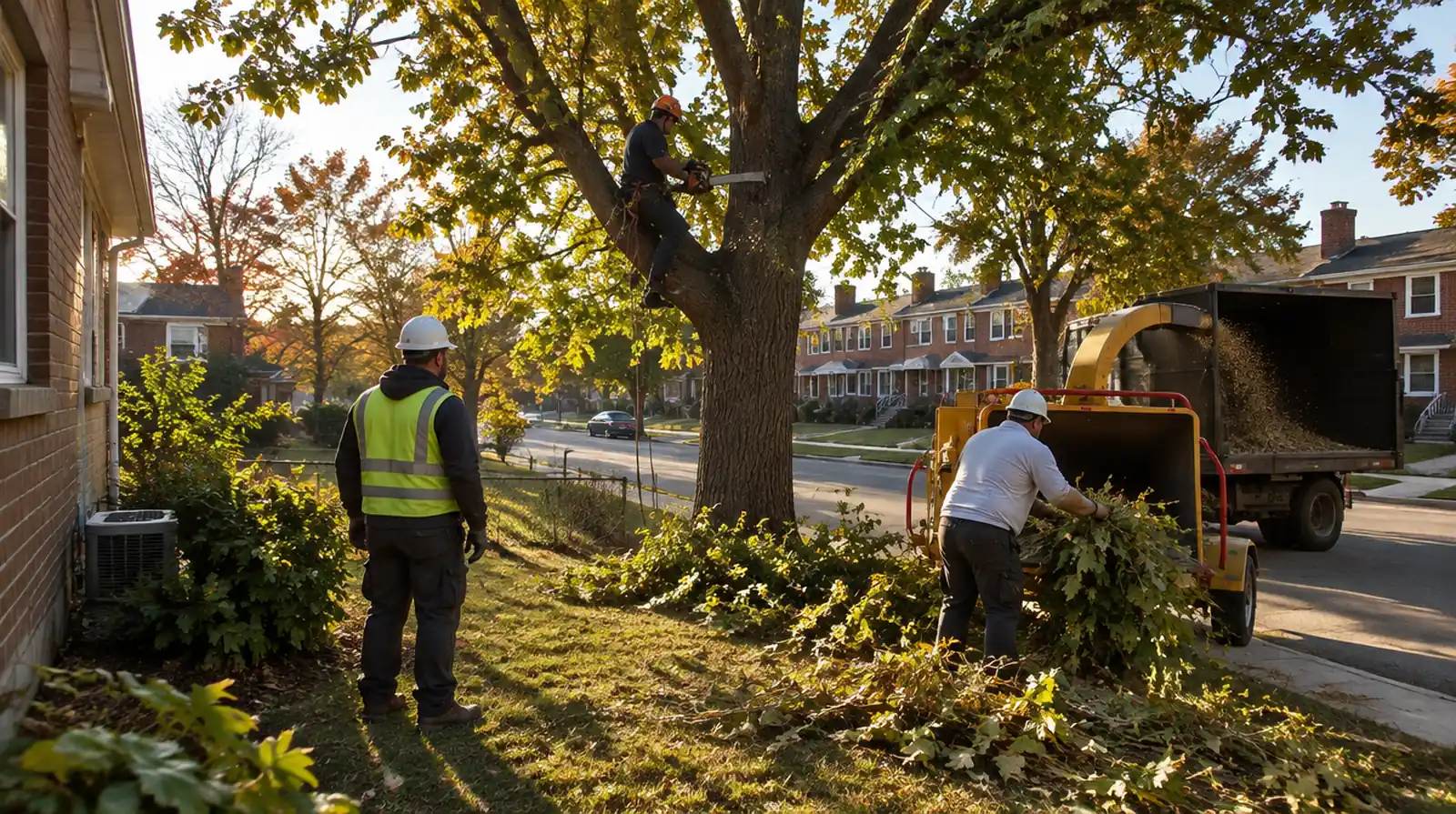 Tree service crew trimming a tree beside a home in Dundalk, MD