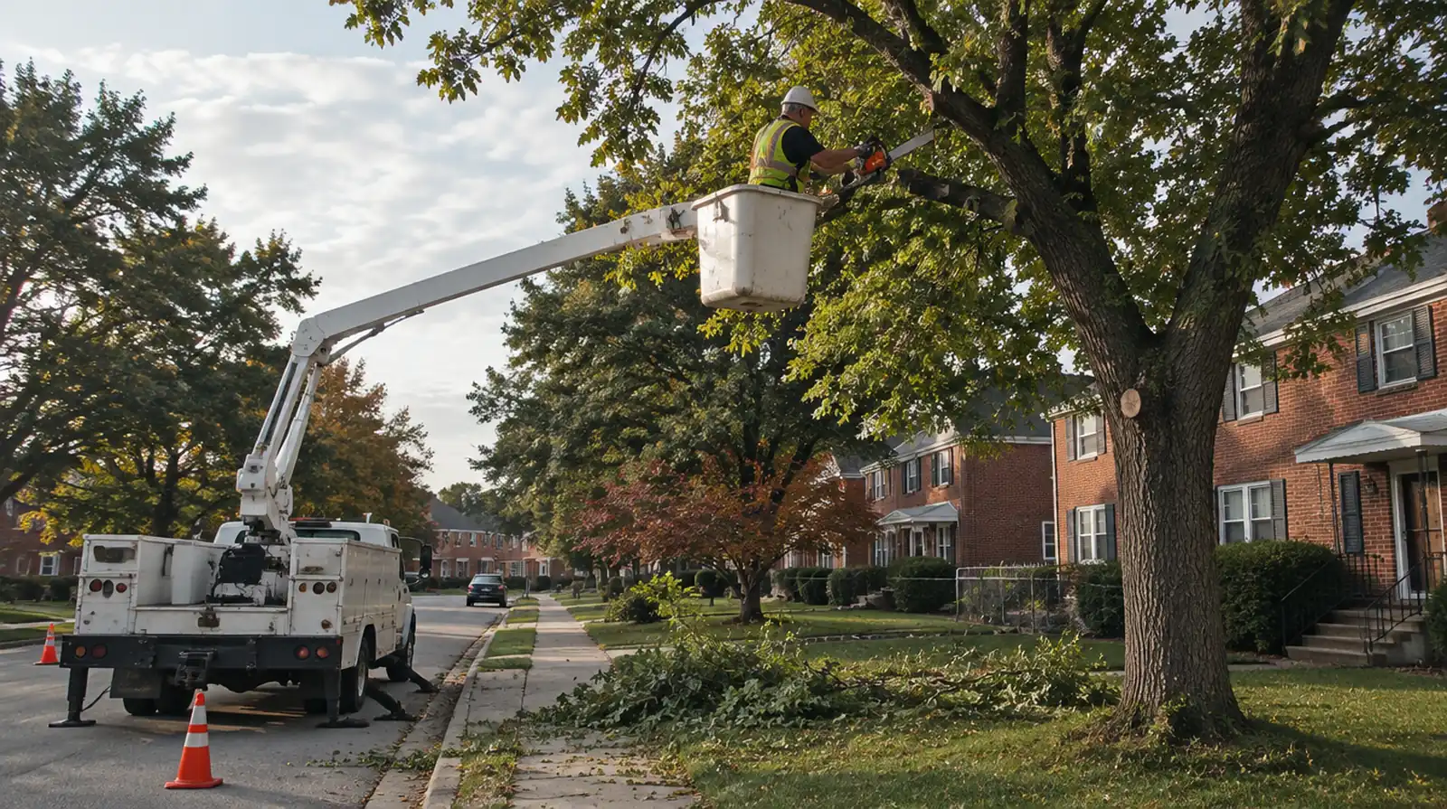 Arborist trimming tree branches from a bucket lift in Dundalk, MD